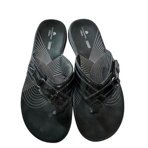 Clarks Cloudsteppers Women Black Patent Flip Flop Sandals Thong Size 8‎